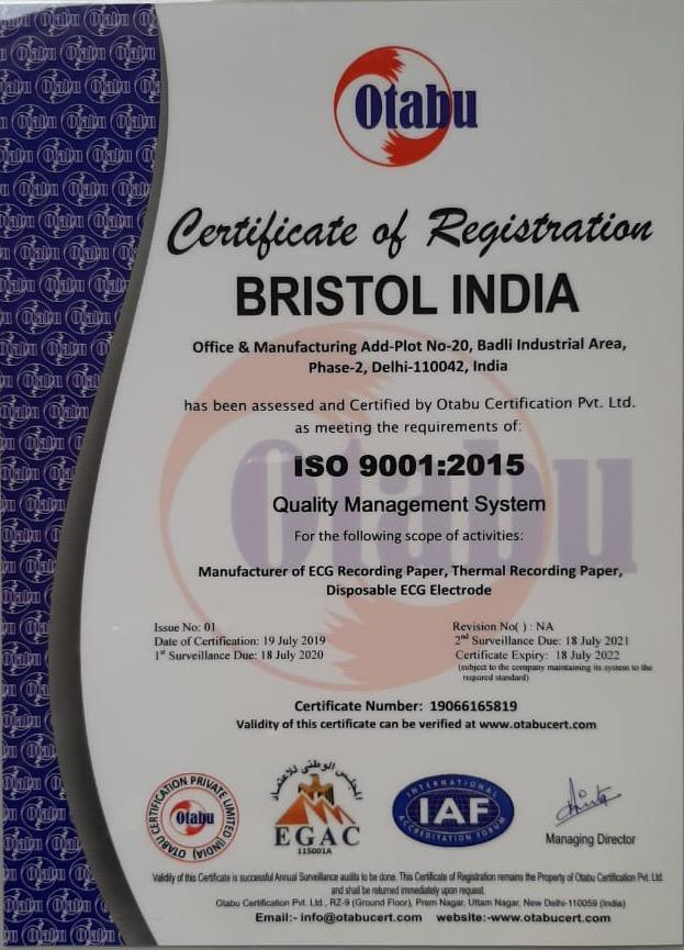 Bristol India Certificate ISO 9001 - 2015​